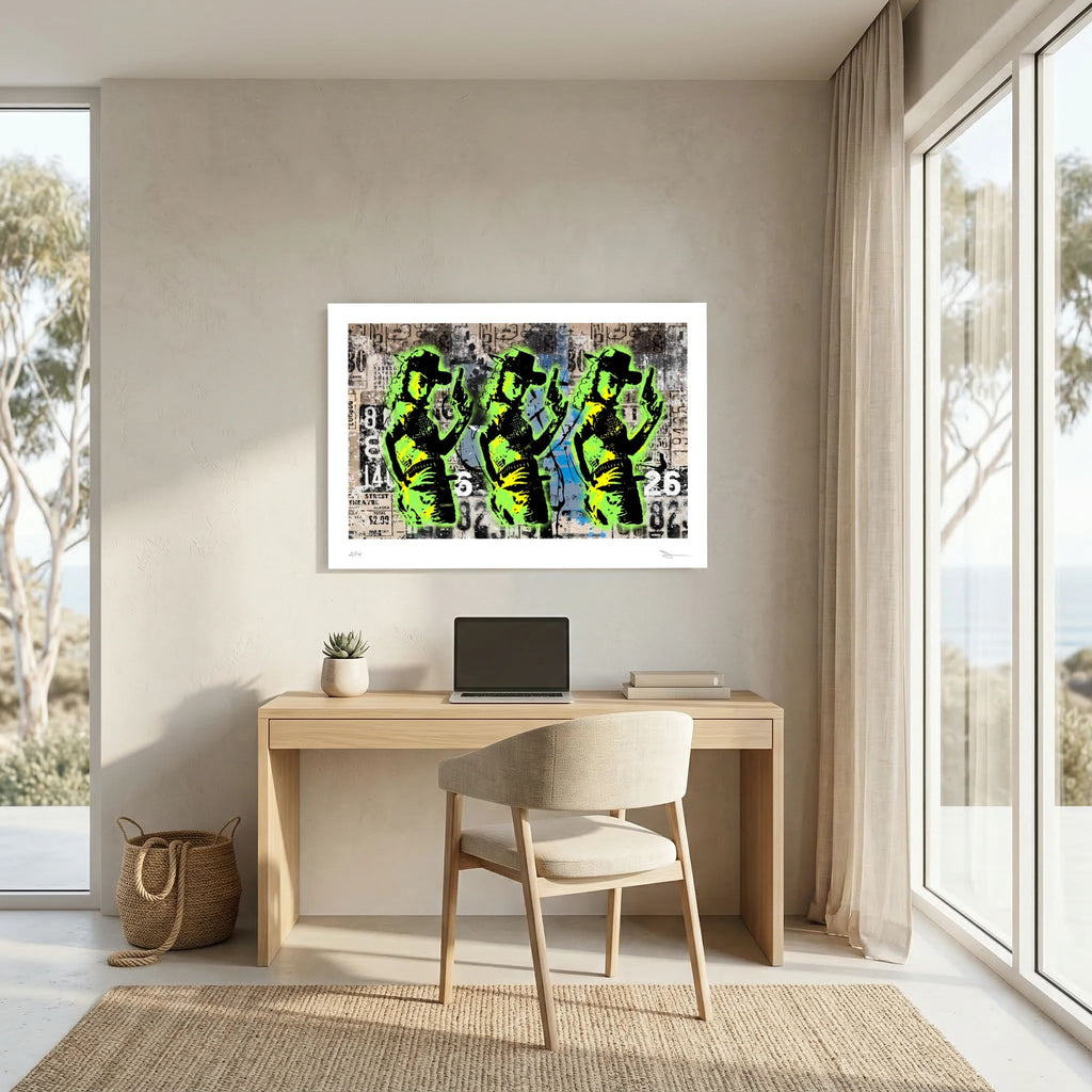 Trigger Happy – Neon Green Cowgirl Graffiti Wall Art Print